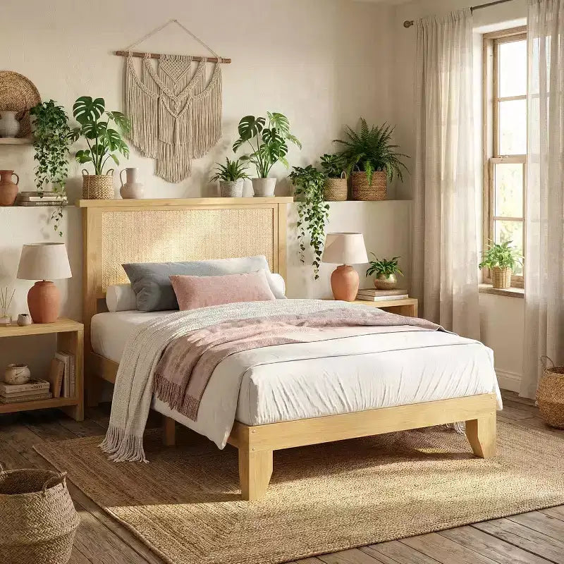 Cadre de lit en rotin avec tête de lit en rotin naturel et éclairage LED, support à lattes en bois, sans sommier requis, naturel