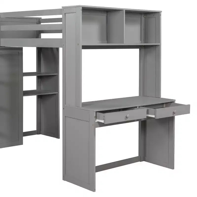 Lit superposé en L pour deux matelas jumeaux avec bureau, bibliothèque et penderie