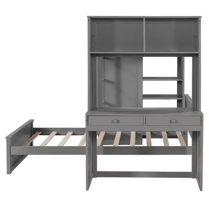 Lit superposé en L pour deux matelas jumeaux avec bureau, bibliothèque et penderie