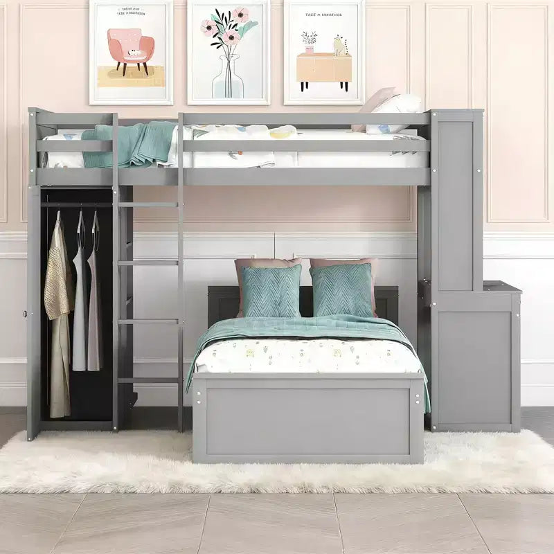 Lit superposé en L pour deux matelas jumeaux avec bureau, bibliothèque et penderie