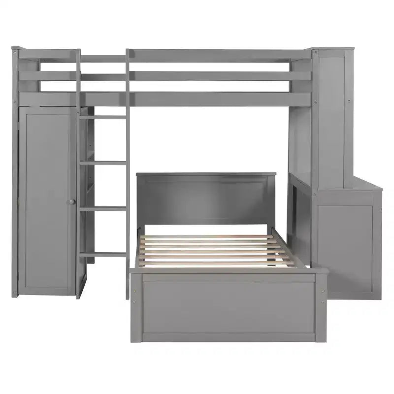 Lit superposé en L pour deux matelas jumeaux avec bureau, bibliothèque et penderie