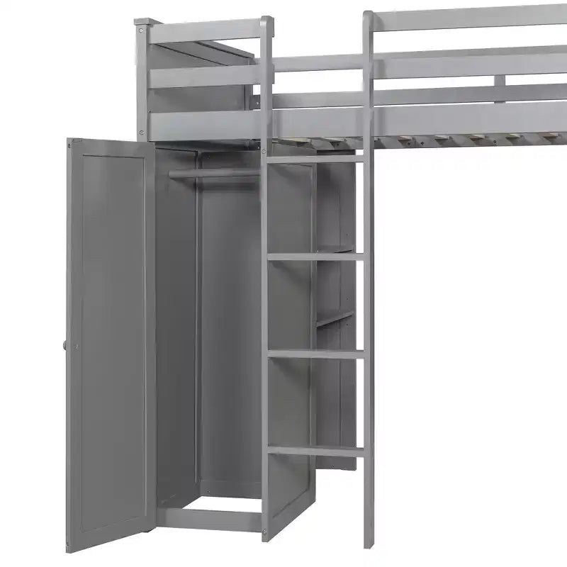 Lit superposé en L pour deux matelas jumeaux avec bureau, bibliothèque et penderie
