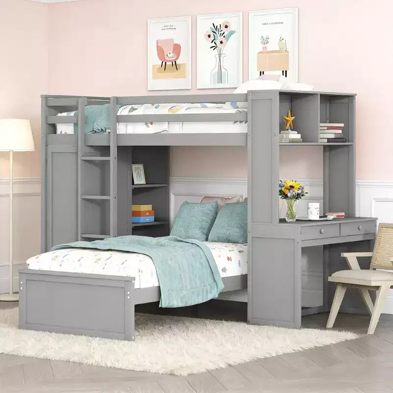 Lit superposé en L pour deux matelas jumeaux avec bureau, bibliothèque et penderie