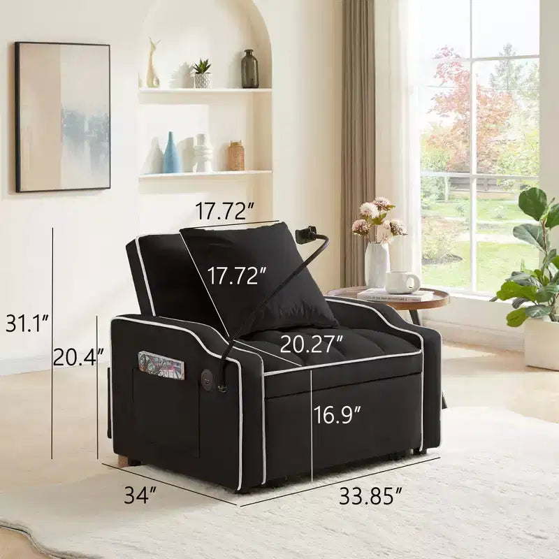 Sillón sofá convertible 3 en 1, sillón cama con respaldo ajustable, soporte para teléfono, USB y Type-C