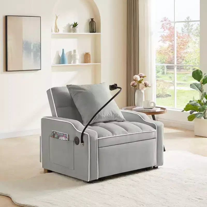 Sillón sofá convertible 3 en 1, sillón cama con respaldo ajustable, soporte para teléfono, USB y Type-C
