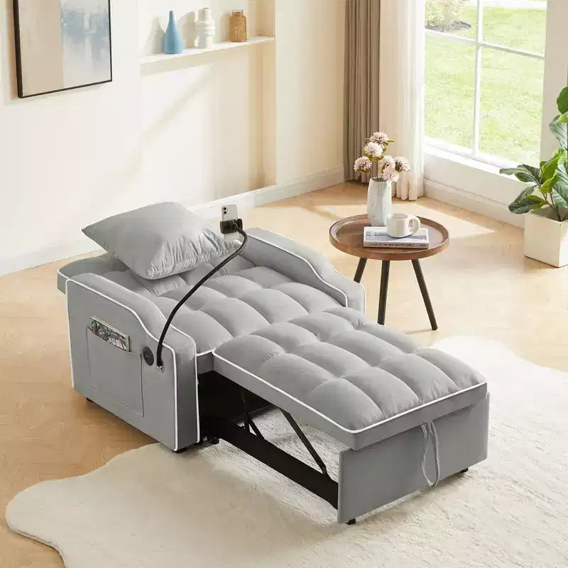 Sillón sofá convertible 3 en 1, sillón cama con respaldo ajustable, soporte para teléfono, USB y Type-C