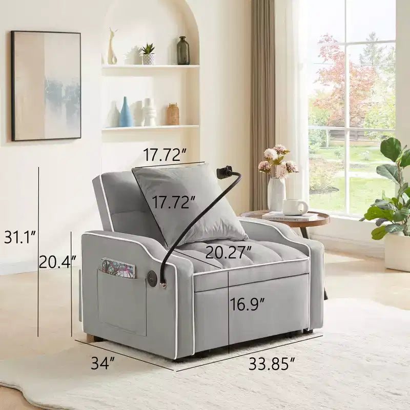 Sillón sofá convertible 3 en 1, sillón cama con respaldo ajustable, soporte para teléfono, USB y Type-C