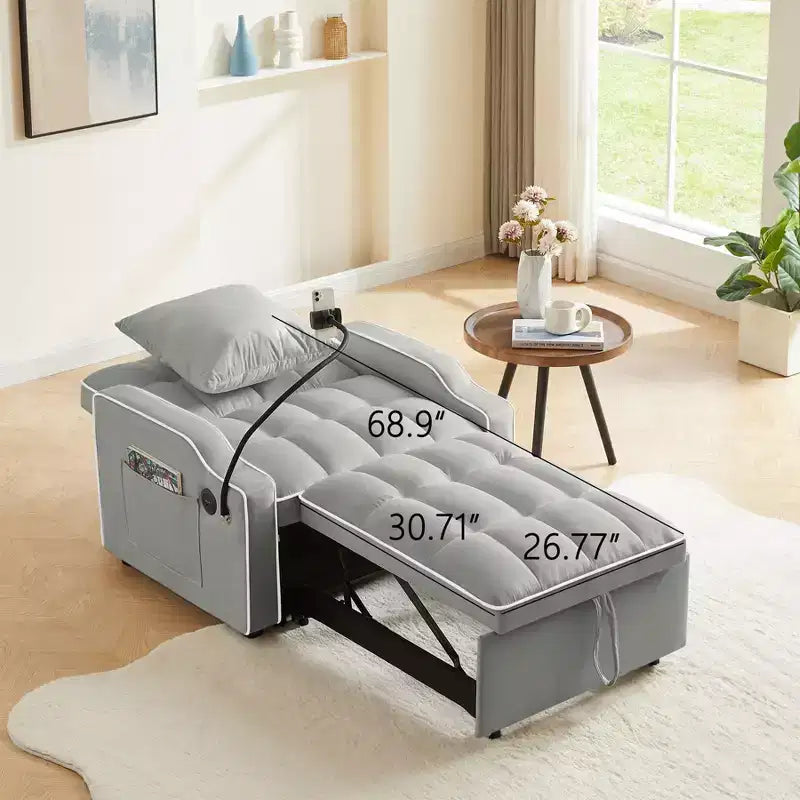 Sillón sofá convertible 3 en 1, sillón cama con respaldo ajustable, soporte para teléfono, USB y Type-C