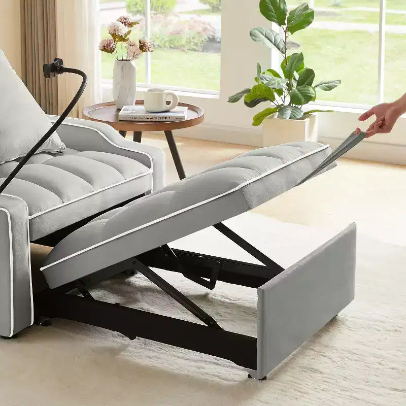 Sillón sofá convertible 3 en 1, sillón cama con respaldo ajustable, soporte para teléfono, USB y Type-C
