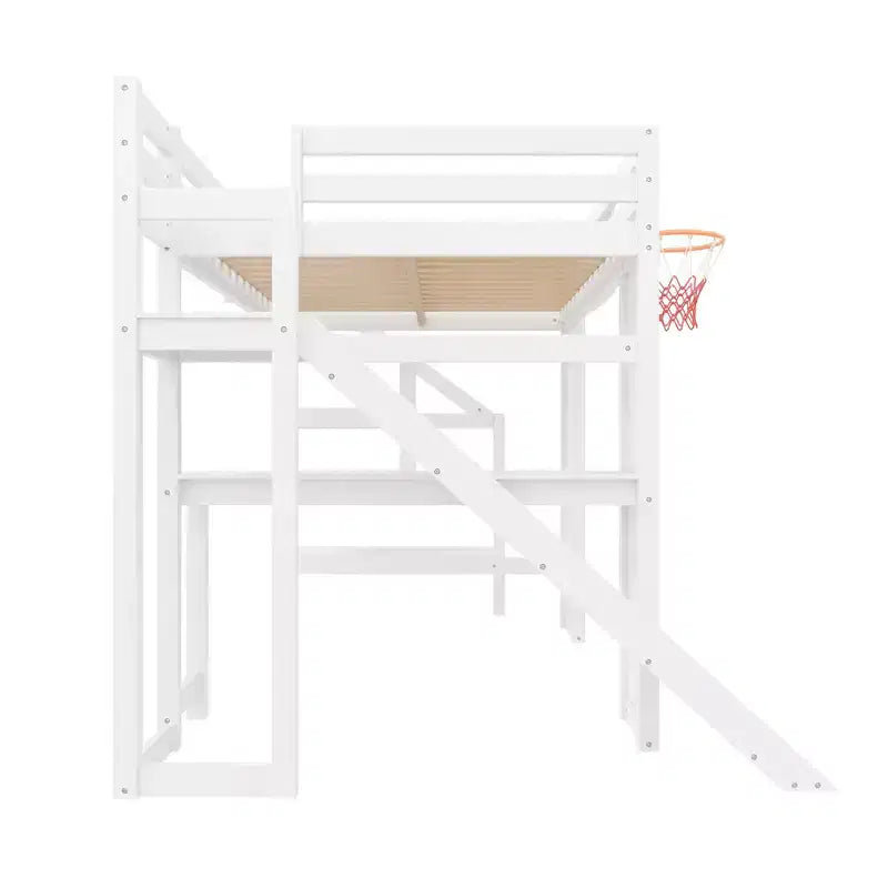 Lit mezzanine simple en bois avec bureau, toboggan, panier de basket et escalier de rangement, pour enfants et adolescents