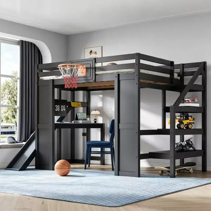 Lit mezzanine simple en bois avec bureau, toboggan, panier de basket et escalier de rangement, pour enfants et adolescents