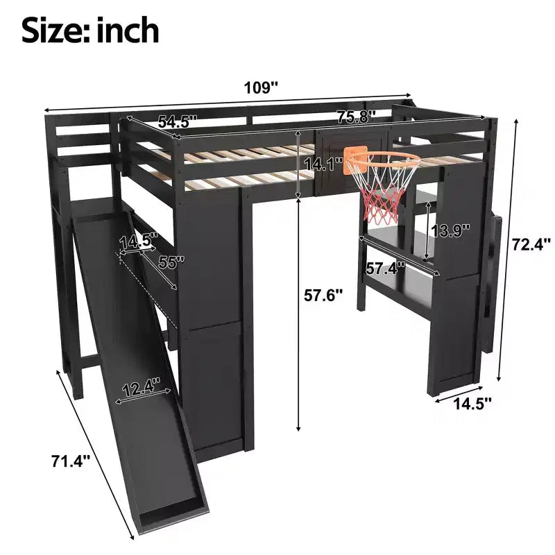 Lit mezzanine simple en bois avec bureau, toboggan, panier de basket et escalier de rangement, pour enfants et adolescents