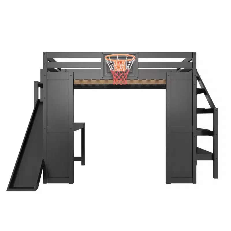Lit mezzanine simple en bois avec bureau, toboggan, panier de basket et escalier de rangement, pour enfants et adolescents