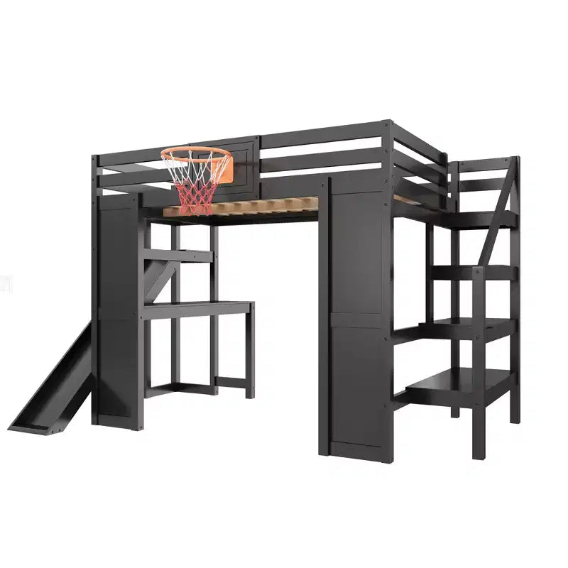 Lit mezzanine simple en bois avec bureau, toboggan, panier de basket et escalier de rangement, pour enfants et adolescents