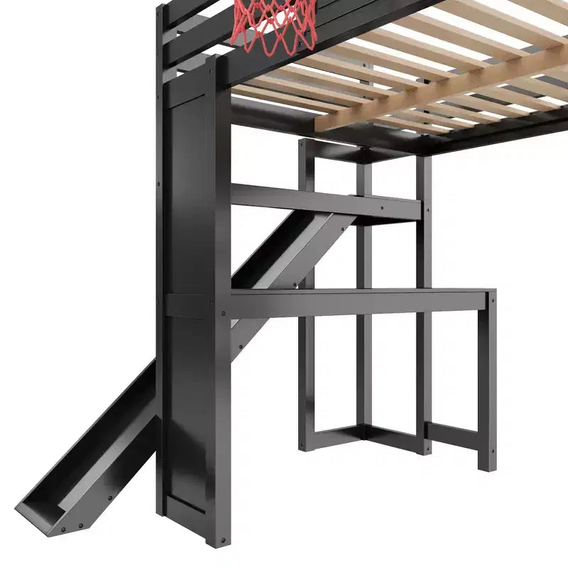 Lit mezzanine simple en bois avec bureau, toboggan, panier de basket et escalier de rangement, pour enfants et adolescents