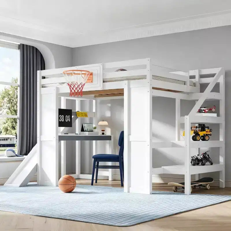 Lit mezzanine simple en bois avec bureau, toboggan, panier de basket et escalier de rangement, pour enfants et adolescents