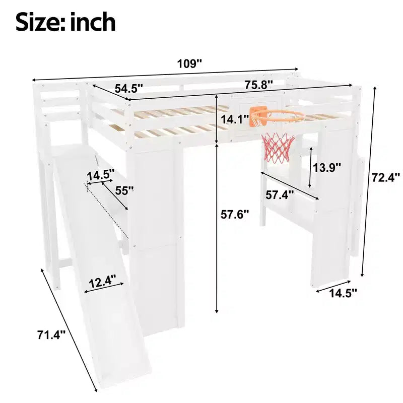 Lit mezzanine simple en bois avec bureau, toboggan, panier de basket et escalier de rangement, pour enfants et adolescents