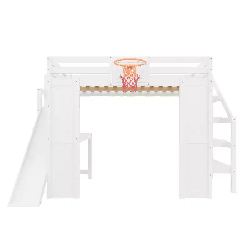 Lit mezzanine simple en bois avec bureau, toboggan, panier de basket et escalier de rangement, pour enfants et adolescents