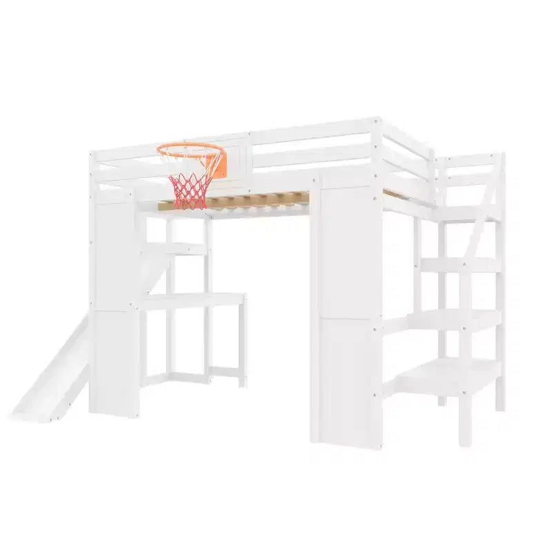 Lit mezzanine simple en bois avec bureau, toboggan, panier de basket et escalier de rangement, pour enfants et adolescents