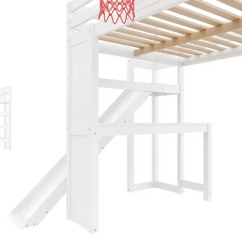 Lit mezzanine simple en bois avec bureau, toboggan, panier de basket et escalier de rangement, pour enfants et adolescents