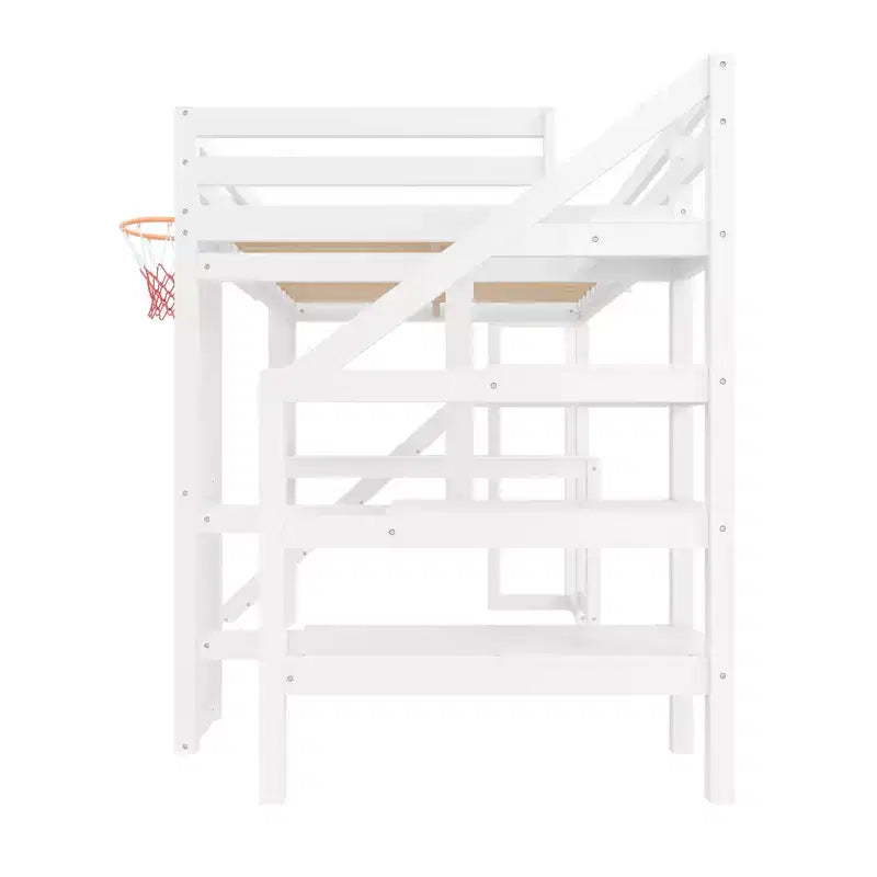 Lit mezzanine simple en bois avec bureau, toboggan, panier de basket et escalier de rangement, pour enfants et adolescents