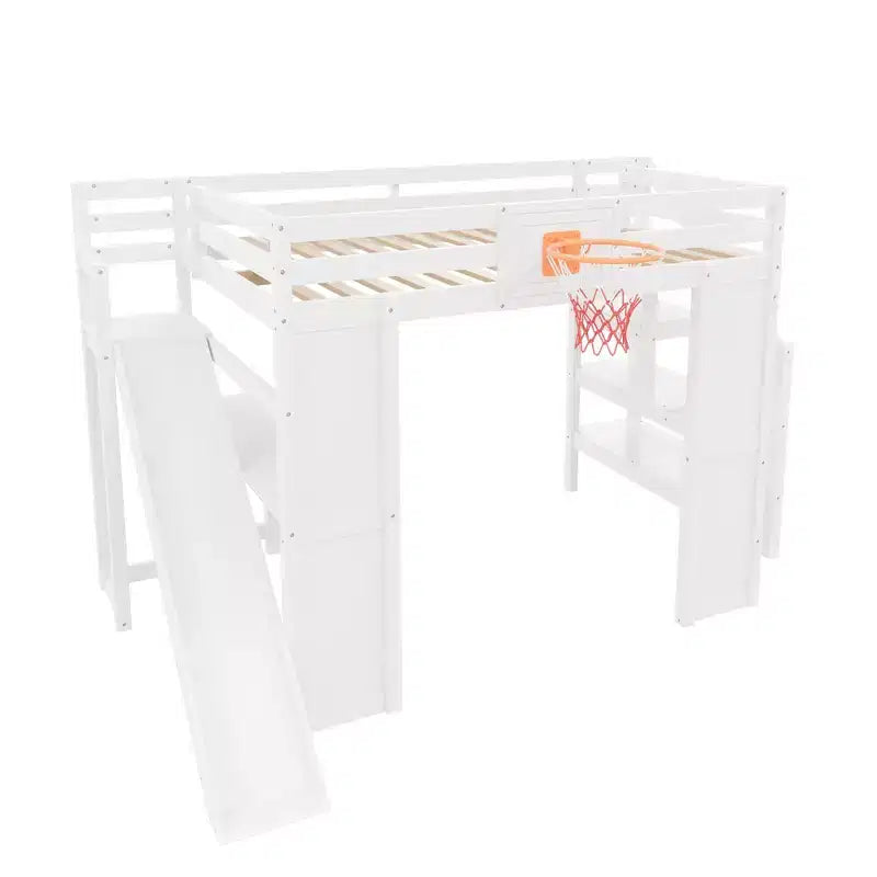 Lit mezzanine simple en bois avec bureau, toboggan, panier de basket et escalier de rangement, pour enfants et adolescents