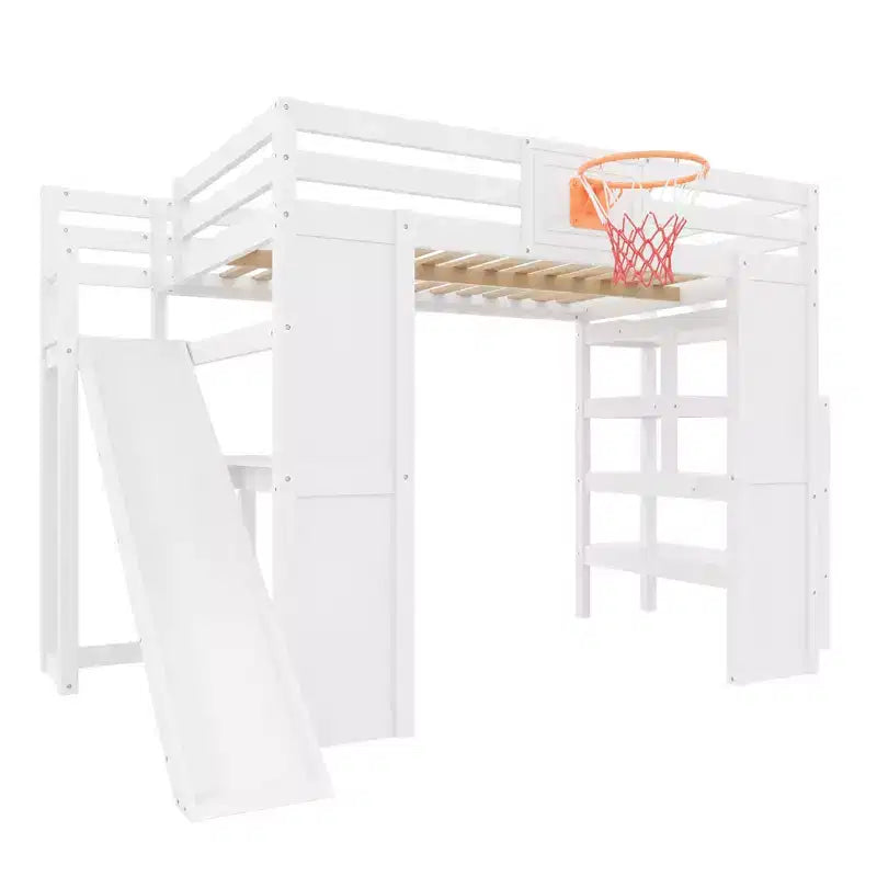Lit mezzanine simple en bois avec bureau, toboggan, panier de basket et escalier de rangement, pour enfants et adolescents