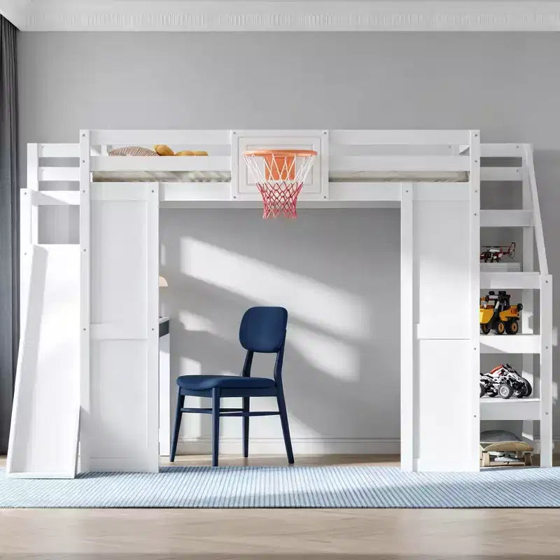 Lit mezzanine simple en bois avec bureau, toboggan, panier de basket et escalier de rangement, pour enfants et adolescents