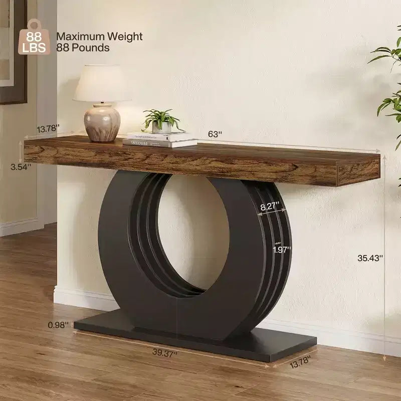 Mesa auxiliar de 63 pulgadas con acabado de madera rústica y base de metal negro para sala de estar y recibidor