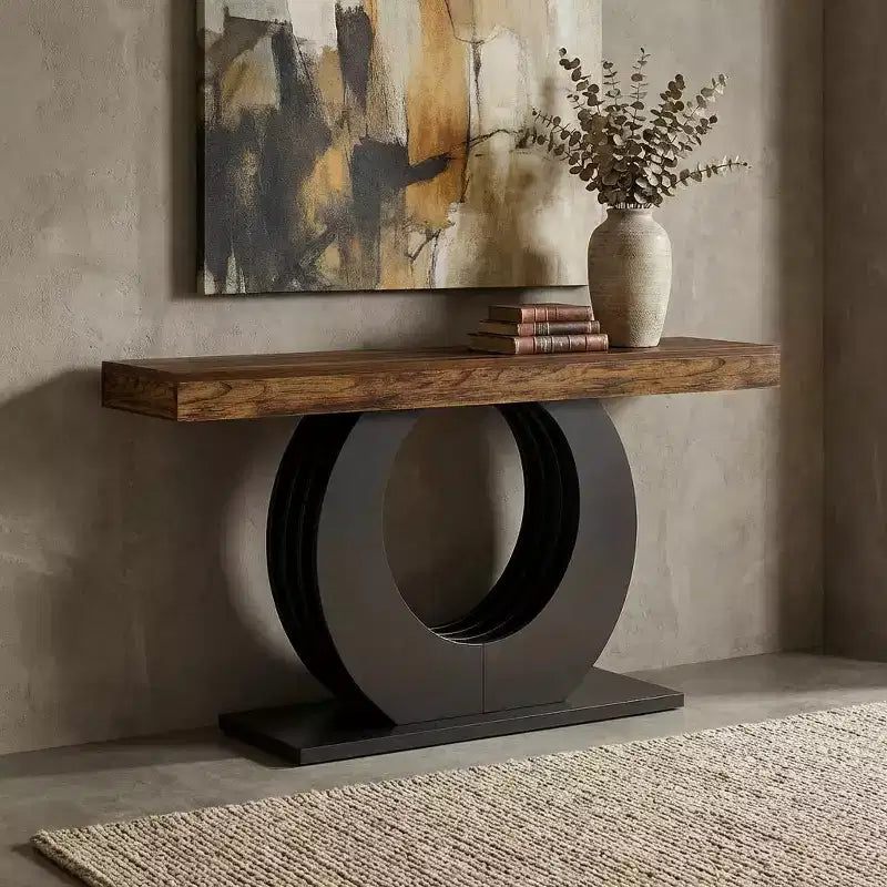 Mesa auxiliar de 63 pulgadas con acabado de madera rústica y base de metal negro para sala de estar y recibidor