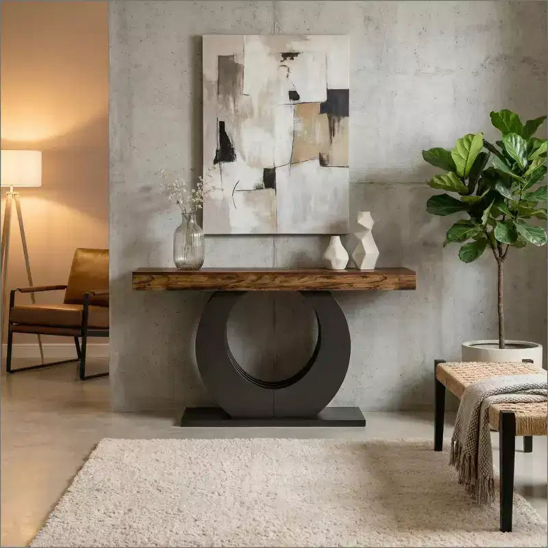 Beistelltisch in rustikaler Holzoptik, 63 Inch, mit schwarzem Metallgestell für Wohnzimmer und Eingangsbereich