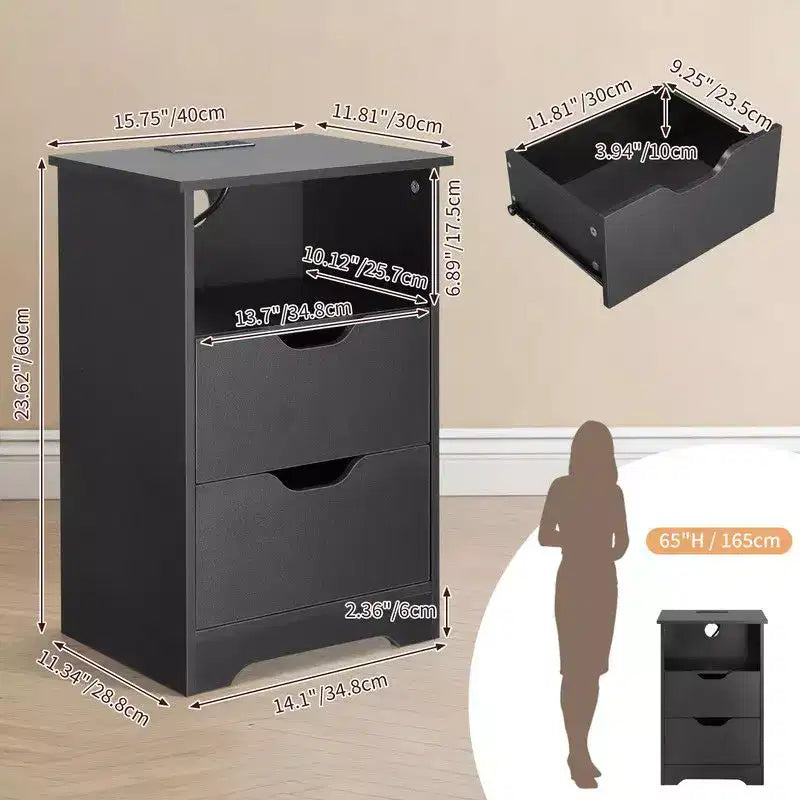 Table de chevet noire de 15,7 po, panneau de particules P2, mélamine mate, sans poignée, 2 tiroirs, prise américaine (lot de 2)