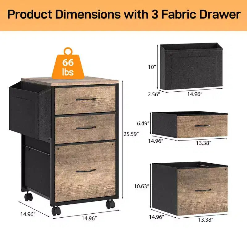 Aktenschrank aus Holz mit geprägtem Metallrahmen, 15 Zoll, 3 Schubladen und Rollen