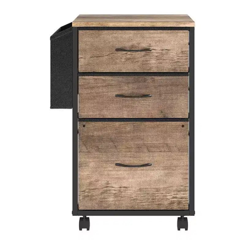 Aktenschrank aus Holz mit geprägtem Metallrahmen, 15 Zoll, 3 Schubladen und Rollen