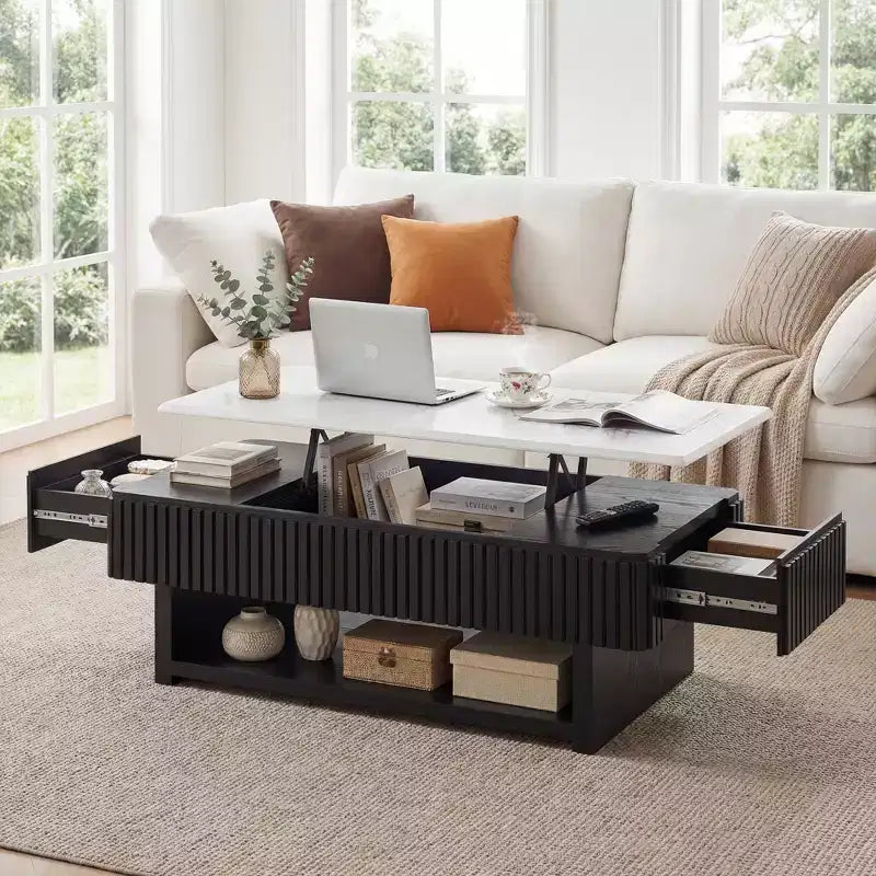 Moderner, multifunktionaler rechteckiger Couchtisch mit 46.5 und Lift-Top, weißer Marmoroptik-Oberfläche und Massivholzleisten