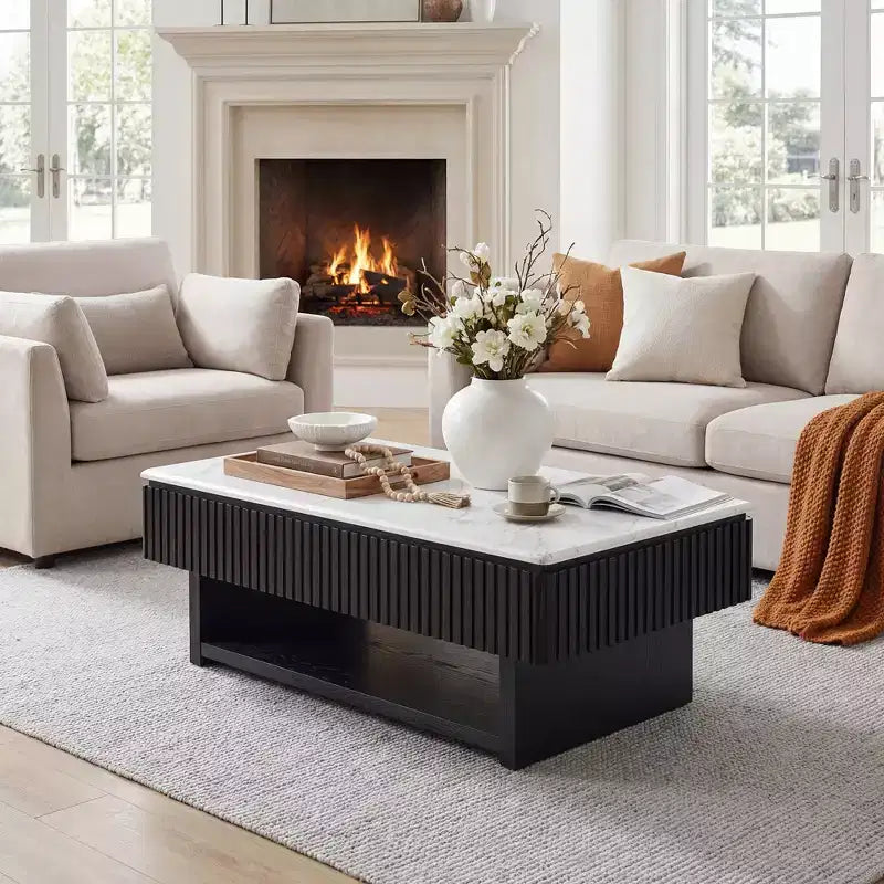 Moderner, multifunktionaler rechteckiger Couchtisch mit 46.5 und Lift-Top, weißer Marmoroptik-Oberfläche und Massivholzleisten