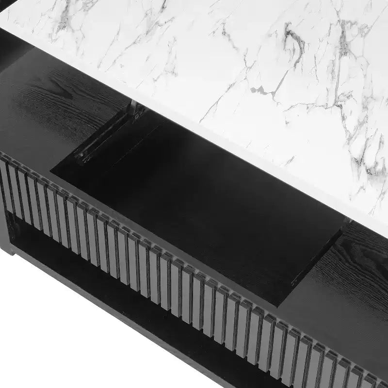 Moderner, multifunktionaler rechteckiger Couchtisch mit 46.5 und Lift-Top, weißer Marmoroptik-Oberfläche und Massivholzleisten