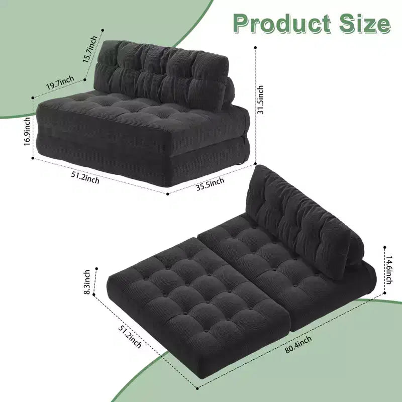 Sofá cama plegable de pana completa, sillón cama convertible para el suelo con cojín y soporte para la espalda