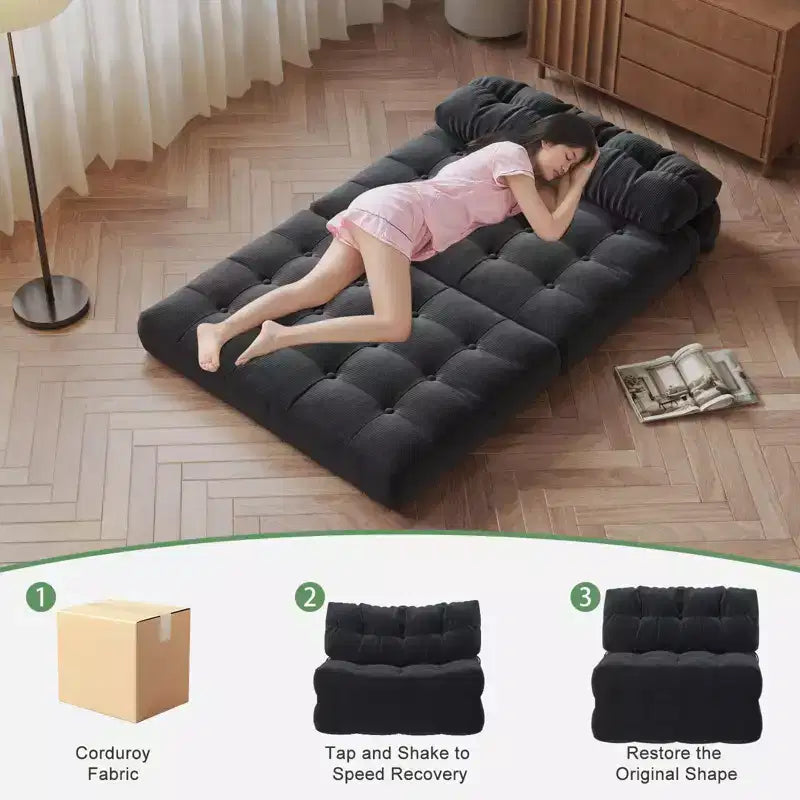 Sofá cama plegable de pana completa, sillón cama convertible para el suelo con cojín y soporte para la espalda