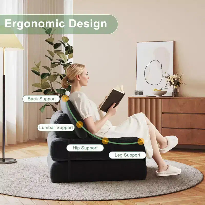 Sofá cama plegable de pana completa, sillón cama convertible para el suelo con cojín y soporte para la espalda