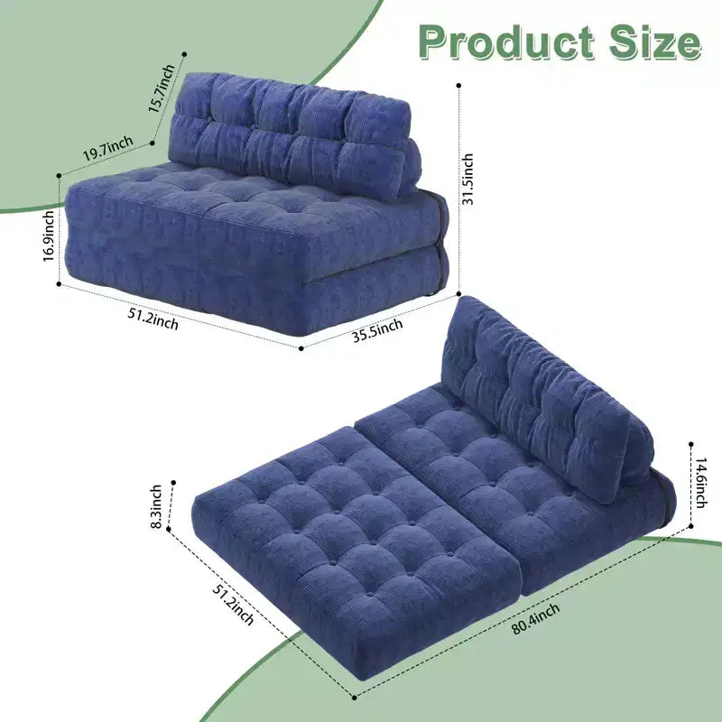 Sofá cama plegable de pana completa, sillón cama convertible para el suelo con cojín y soporte para la espalda