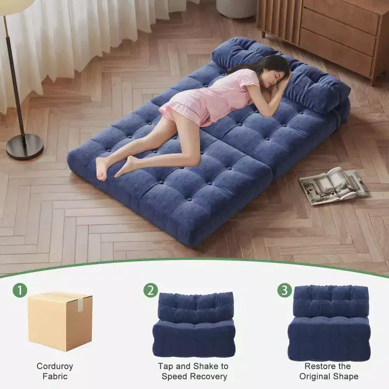 Sofá cama plegable de pana completa, sillón cama convertible para el suelo con cojín y soporte para la espalda