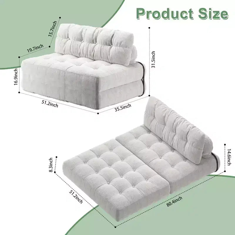 Sofá cama plegable de pana completa, sillón cama convertible para el suelo con cojín y soporte para la espalda