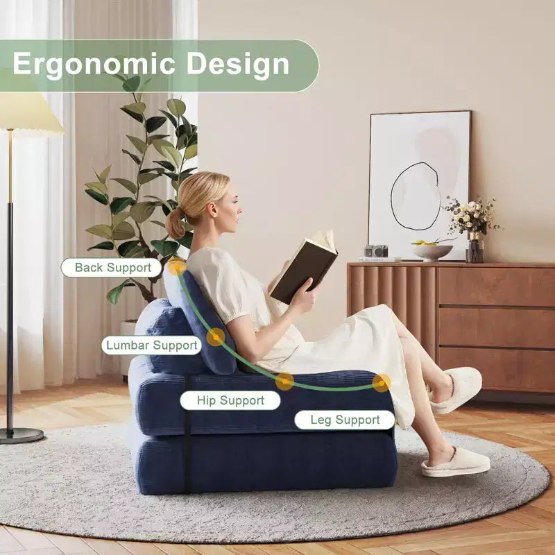 Sofá cama plegable de pana completa, sillón cama convertible para el suelo con cojín y soporte para la espalda