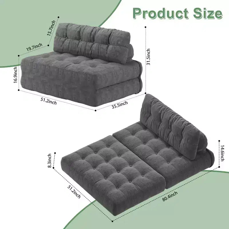 Sofá cama plegable de pana completa, sillón cama convertible para el suelo con cojín y soporte para la espalda