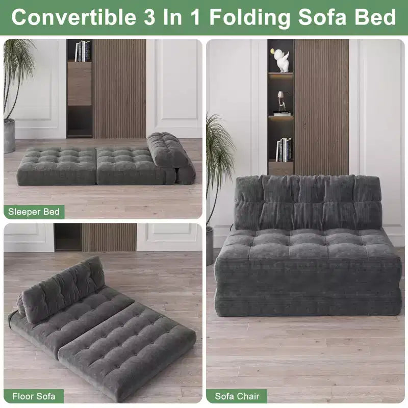 Sofá cama plegable de pana completa, sillón cama convertible para el suelo con cojín y soporte para la espalda