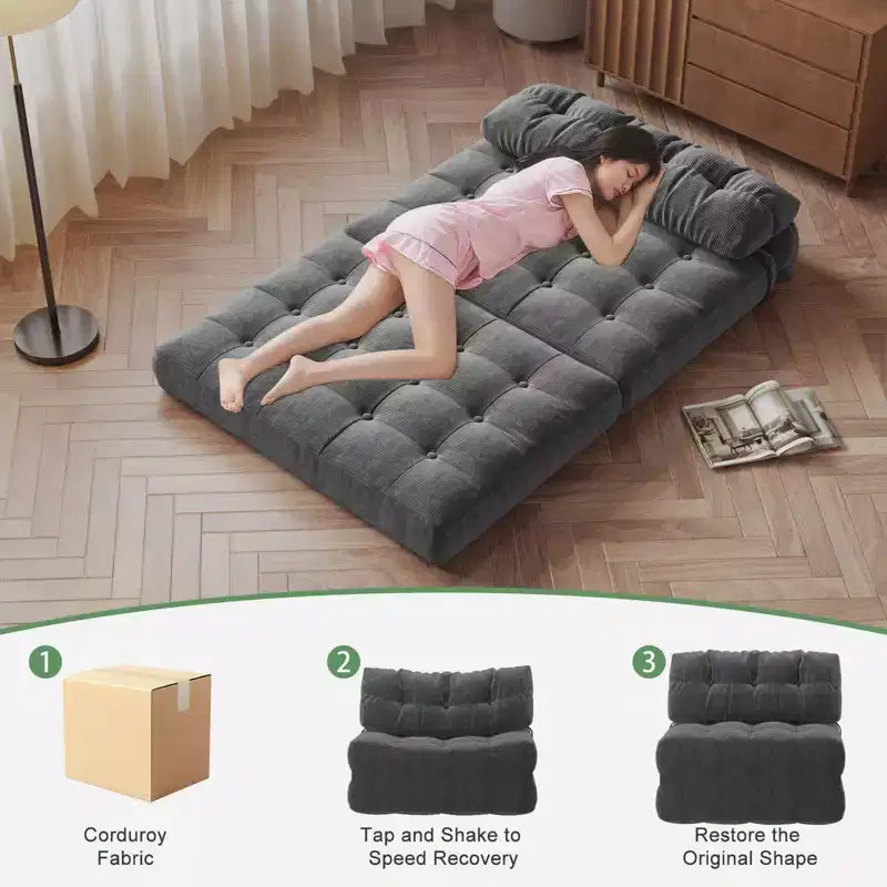 Sofá cama plegable de pana completa, sillón cama convertible para el suelo con cojín y soporte para la espalda
