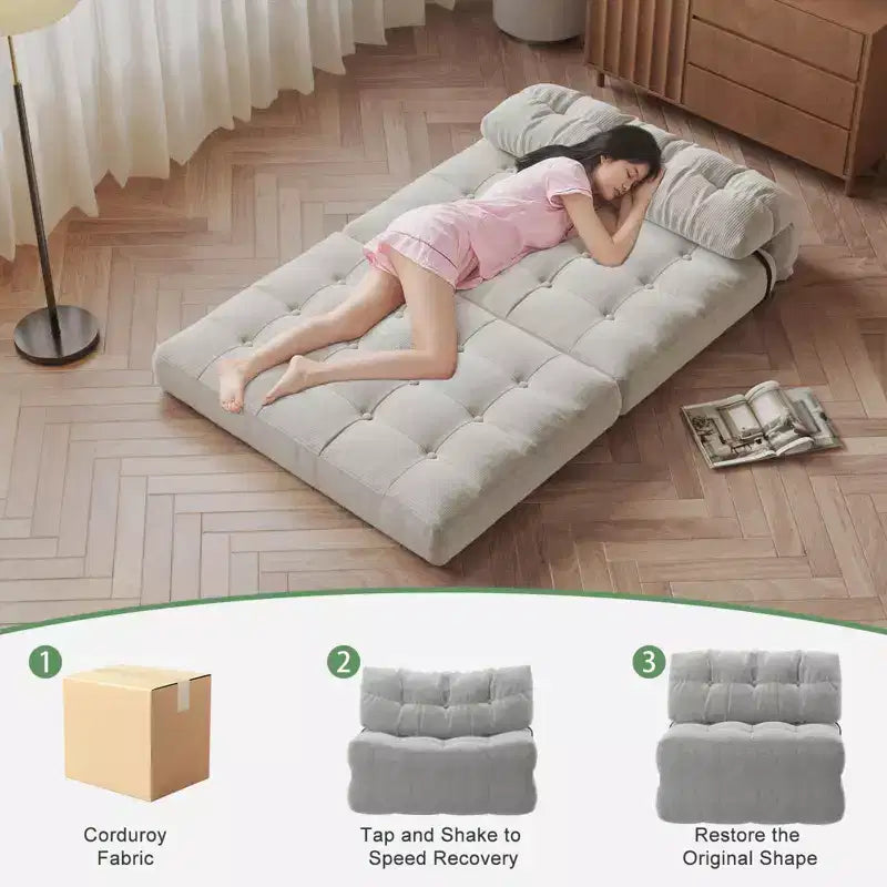 Sofá cama plegable de pana completa, sillón cama convertible para el suelo con cojín y soporte para la espalda