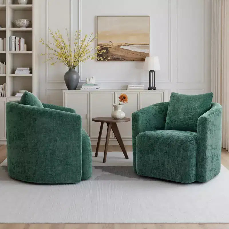 Sillón decorativo giratorio completamente ensamblado, sillón tipo barril tapizado en chenilla con cojín, acogedor sillón individual para leer en la sala de estar