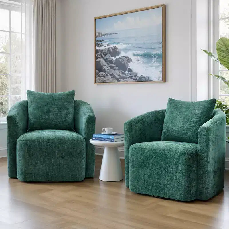 Sillón decorativo giratorio completamente ensamblado, sillón tipo barril tapizado en chenilla con cojín, acogedor sillón individual para leer en la sala de estar